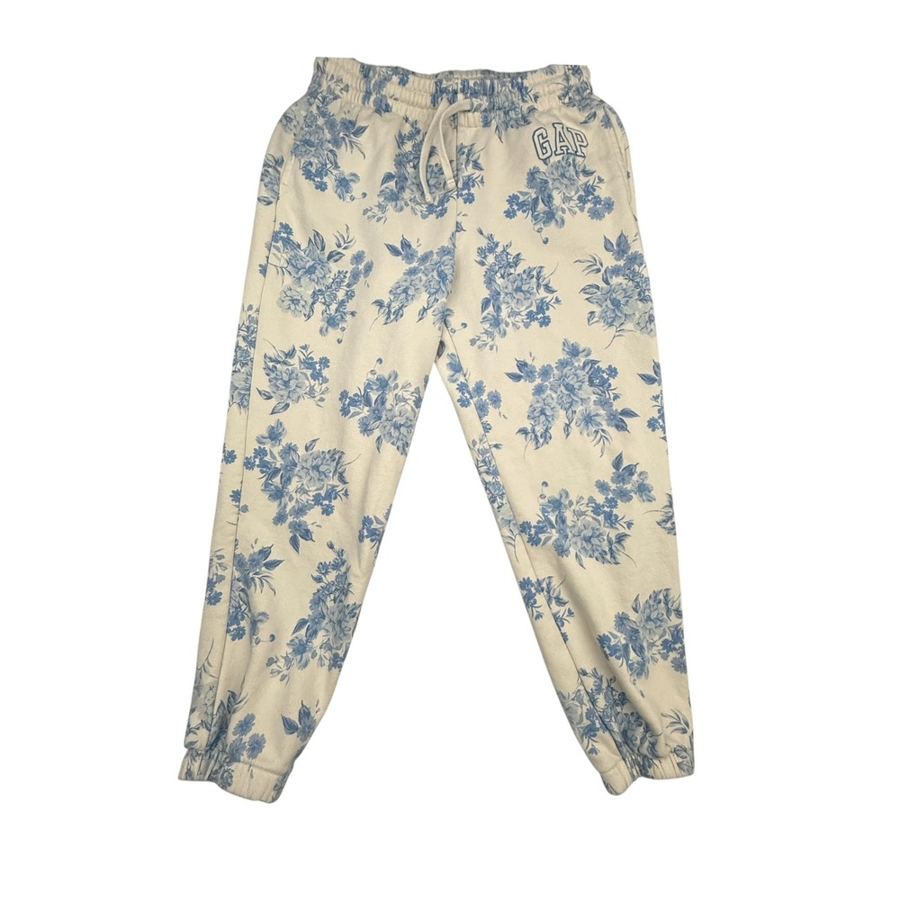 GAP Sweatpants Womens Large Heritage Blue Floral Logo Jogger Fleece Drawstring